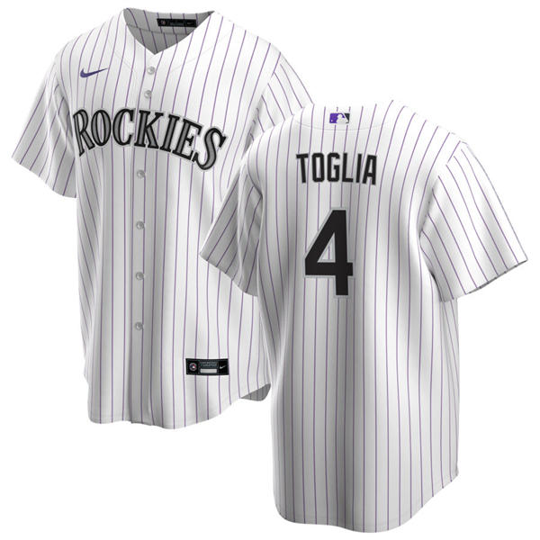 Mens Colorado Rockies #4 Michael Toglia Nike Home White Pinstripe Vapor Limited Jersey
