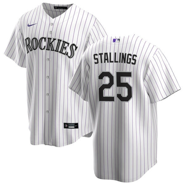 Mens Colorado Rockies #25 Jacob Stallings Nike Home White Pinstripe Vapor Limited Jersey