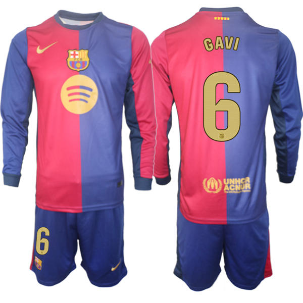 Mens FC Barcelona  #6 Gavi 2025 Red Blue Home Long Sleeve Soccer kit 