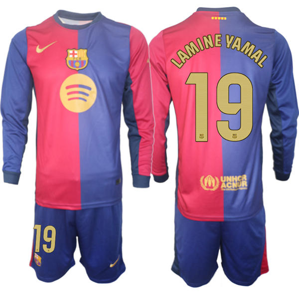 Mens FC Barcelona  #19 Lamine Yamal 2025 Red Blue Home Long Sleeve Soccer kit
