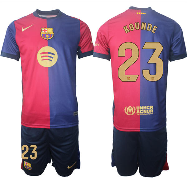 Mens FC Barcelona  #23 Jules Kounde 2025 Red Blue Home Soccer Jersey kit