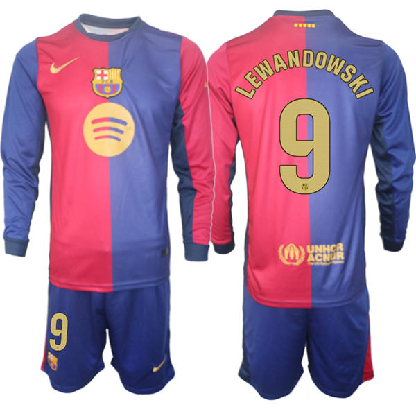 Mens FC Barcelona  #9 Robert Lewandowski 2025 Red Blue Home Long Sleeve Soccer kit