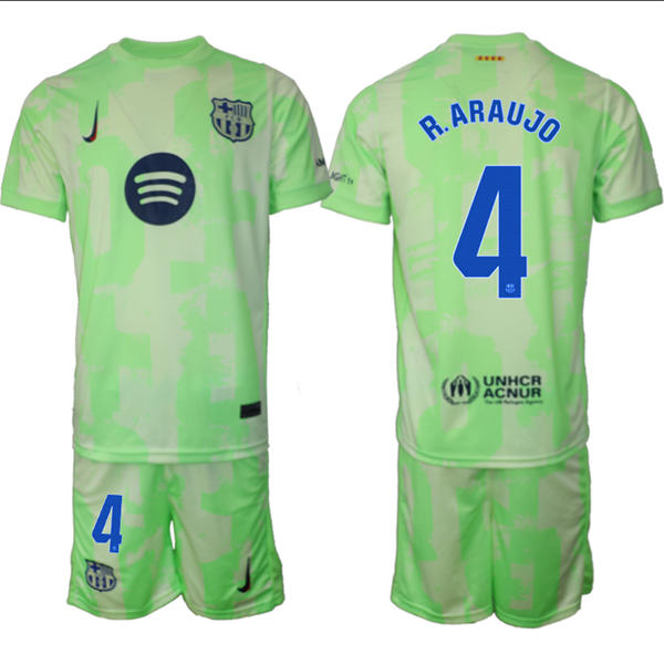 Mens FC Barcelona  #4 Ronald Araujo 2025 Neon Green Third Soccer Jersey kit