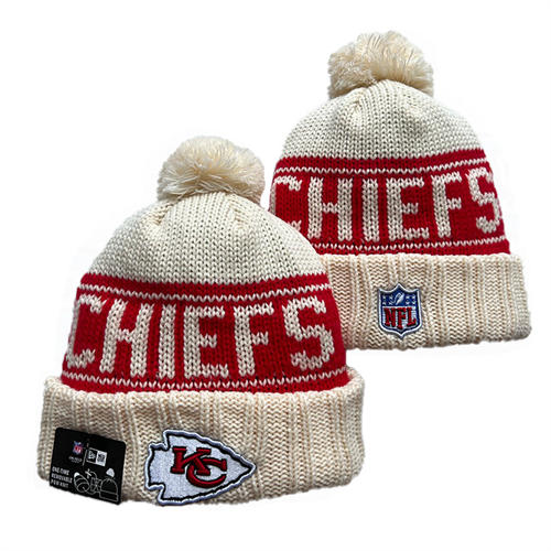 NFL Kansas City Chiefs cream red Cuffed Pom Knit Hat YD2503212 (10)