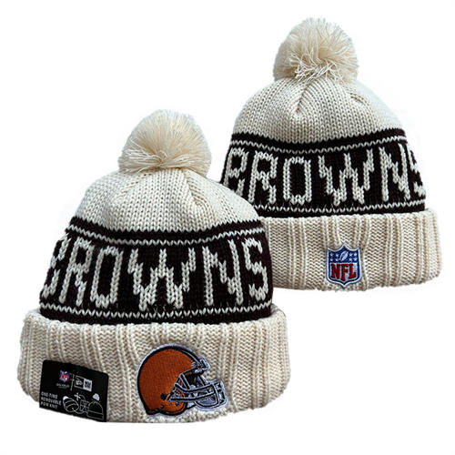 NFL Cleveland Browns Cream Navy Cuffed Pom Knit Hat YD2503212 (10)