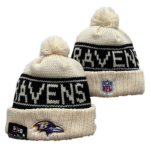 NFL Baltimore Ravens Cream Black Cuffed Pom Knit Hat YD2503212 (4)