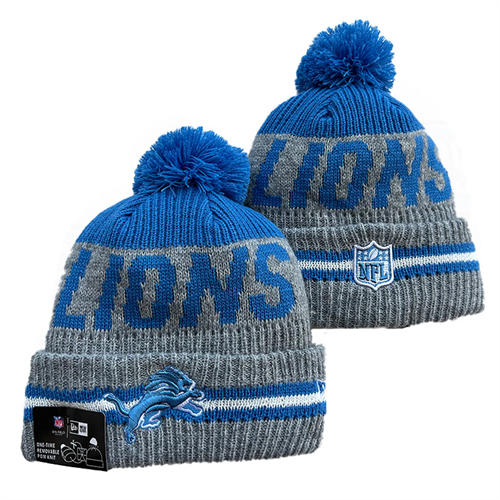 NFL Detroit Lions Gray Blue white strip Cuffed Pom Knit Hat YD2503212 (4)