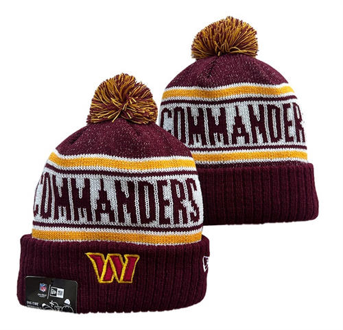 NFL Washington Commanders Burgundy White Gold Cuffed Pom Knit Hat YD2503212 (1)