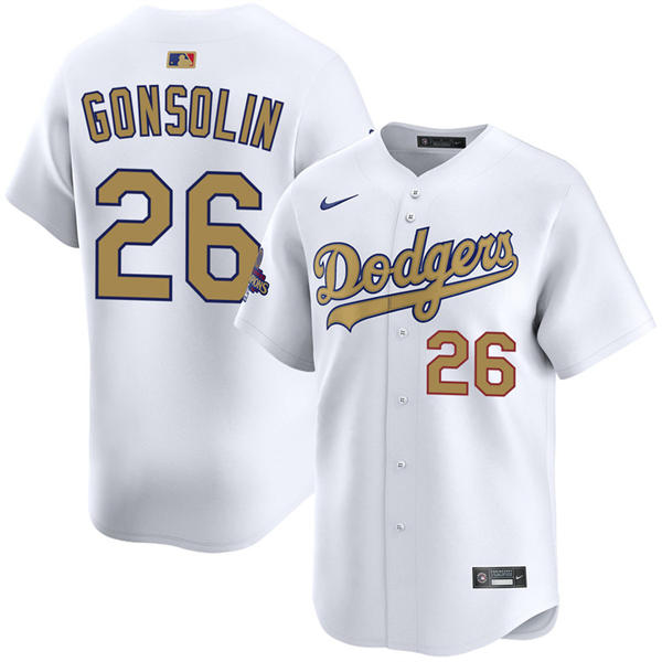 Mens Los Angeles Dodgers #26 Tony Gonsolin 2025 White Gold Collection Limited Jersey