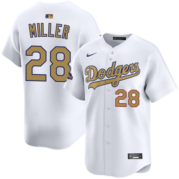 Mens Los Angeles Dodgers #28 Bobby Miller 2025 White Gold Collection Limited Jersey
