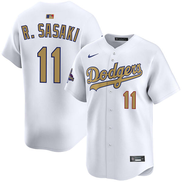 Mens Los Angeles Dodgers #11 Roki Sasaki 2025 White Gold Collection Limited Jersey