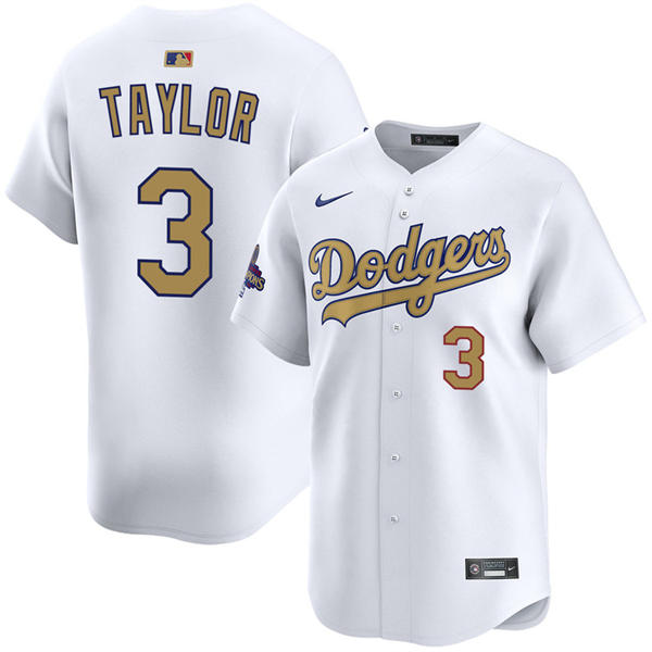 Mens Los Angeles Dodgers #3 Chris Taylor 2025 White Gold Collection Limited Jersey