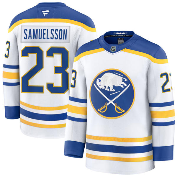 Men's Buffalo Sabres #23 Mattias Samuelsson Fanatics White Royal Away Premier Player Jersey
