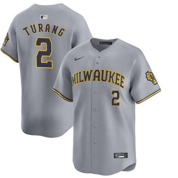 Mens Milwaukee Brewers #2 Brice Turang Nike Gray Road Limited Jersey