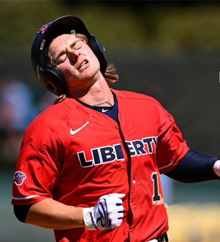 Mens Youth Liberty Flames #18  Camden Troyer Crimson Navy College Baseball Game Jersey