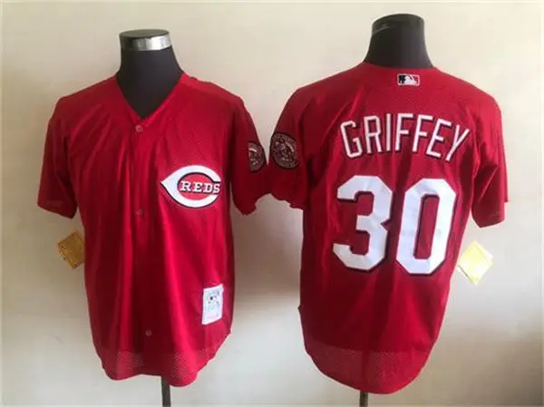 Men's Cincinnati Reds #30 Ken Griffey Jr. Red Mesh Cooperstown Collection Mesh Batting Practice Button-Up Jersey