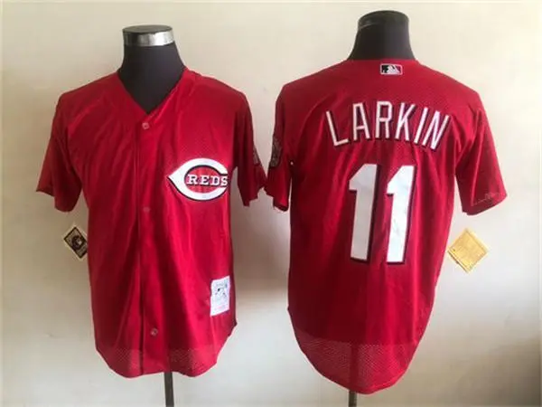 Men's Cincinnati Reds #11 BARRY LARKIN Red Mesh Cooperstown Collection Mesh Batting Practice Button-Up Jersey