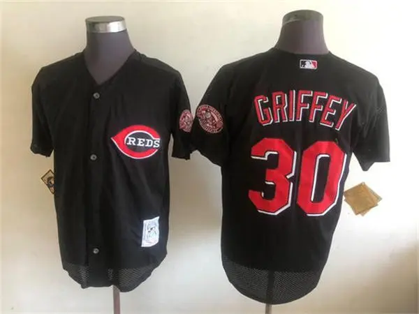 Men's Cincinnati Reds #30 Ken Griffey Jr. Black Mesh Cooperstown Collection Mesh Batting Practice Button-Up Jersey