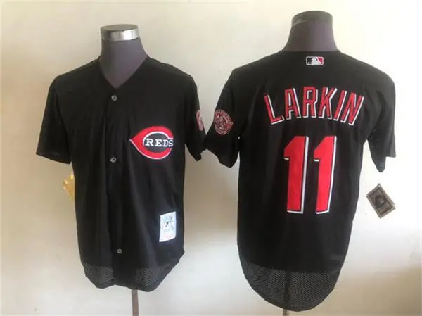 Men's Cincinnati Reds #11 BARRY LARKIN Black Mesh Cooperstown Collection Mesh Batting Practice Button-Up Jersey