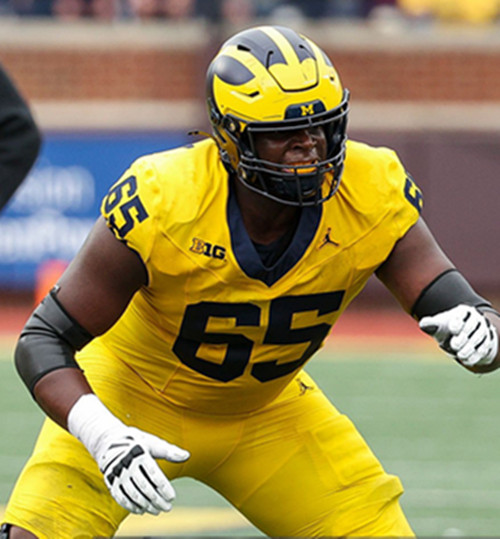 Michigan Wolverines #65 Andrew Babalola Gold College Football Game Jersey