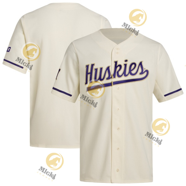 Washington Huskies Custom Cream adidas Button-Up Baseball Game Jersey