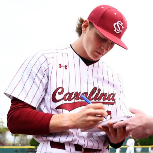 South Carolina Gamecocks #23 Jake McCoy  White Red Pinstripe Full Button Baseball Game Jersey