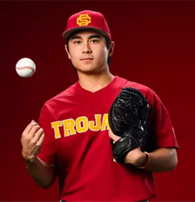 Mens Youth USC Trojans #12 Caden Aoki 2025 BIG red Two-Button Pullover College Baseball Game Jersey