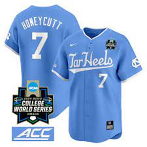 Men's Youth Womens North Carolina Tar Heels #7 Vance Honeycutt 2024 Blue Tar Heels Baseball Game Jersey