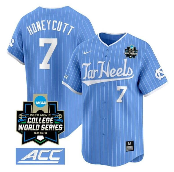 Men's Youth Womens North Carolina Tar Heels #7 Vance Honeycutt 2024 Blue Pinstripe Tar Heels Baseball Game Jersey