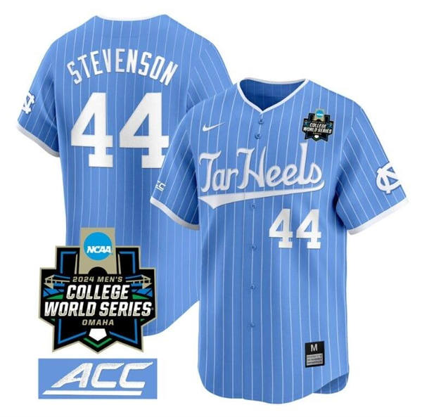 Men's Youth Womens North Carolina Tar Heels #44 Luke Stevenson 2024 Blue Pinstripe Tar Heels Baseball Game Jersey