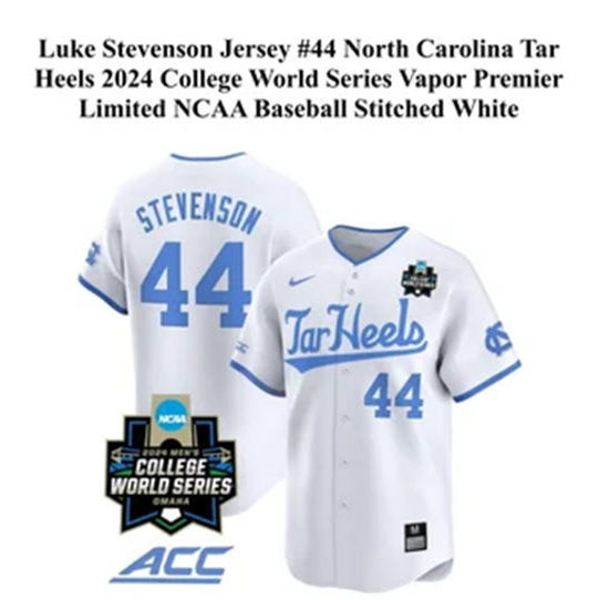 Men's Youth Womens North Carolina Tar Heels #44 Luke Stevenson 2024 White Button Tar Heels Baseball Game Jersey