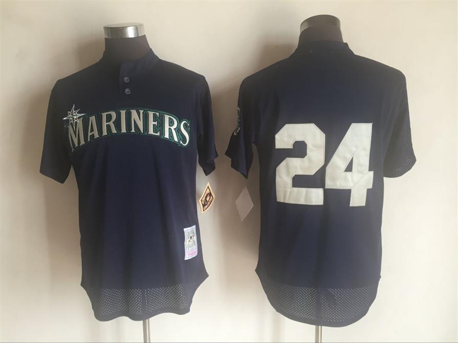 Men's Seattle Mariners #24 Ken Griffey Jr. Mitchell & Ness Navy Cooperstown Mesh Batting Practice Jersey