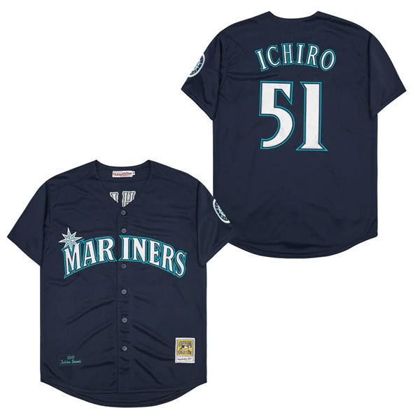 Men's Seattle Mariners #51 Ichiro Suzuki Mitchell & Ness Navy 2001 Cooperstown Collection Throwback Jersey