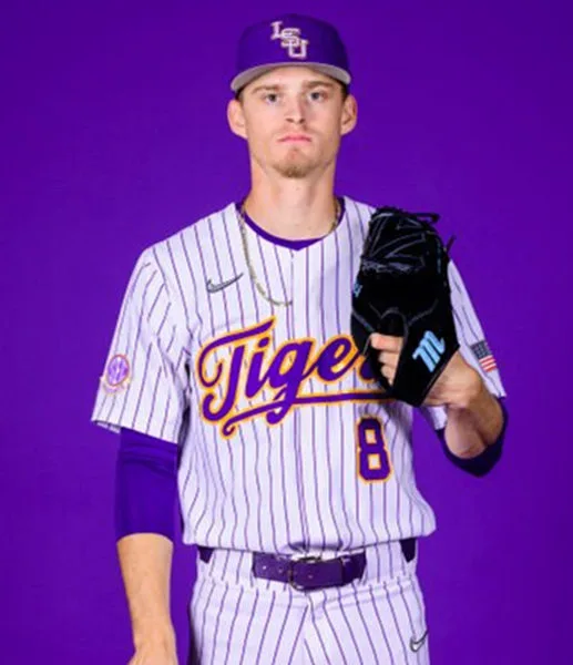 LSU Tigers #8 Gavin Guidry 2025 White Pinstripe College Baseball Game Jersey