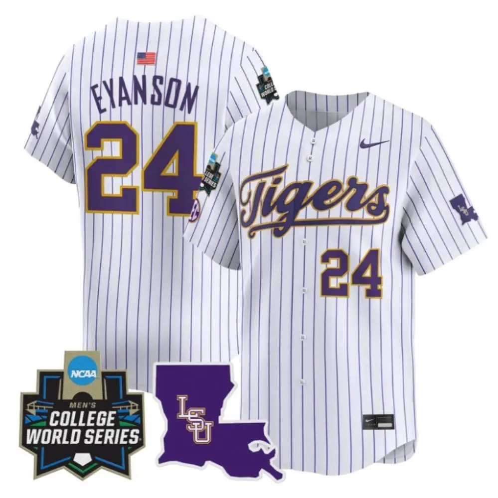LSU Tigers #24 Anthony Eyanson White Pinstripe with Name 2025 College Baseball World Series Game Jersey