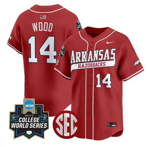 Arkansas Razorbacks #14 Gage Wood 2025 Cardinal College Baseball World Series  Game Jersey