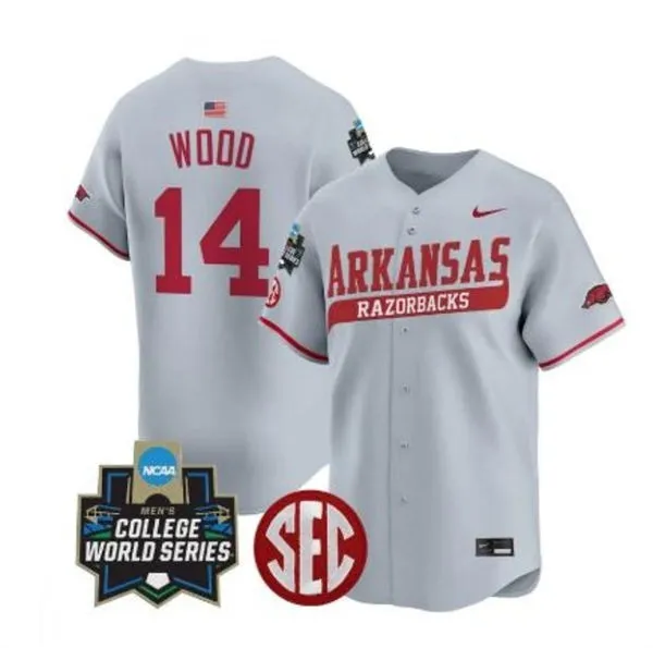 Arkansas Razorbacks #14 Gage Wood 2025 Gray College Baseball World Series Game Jersey