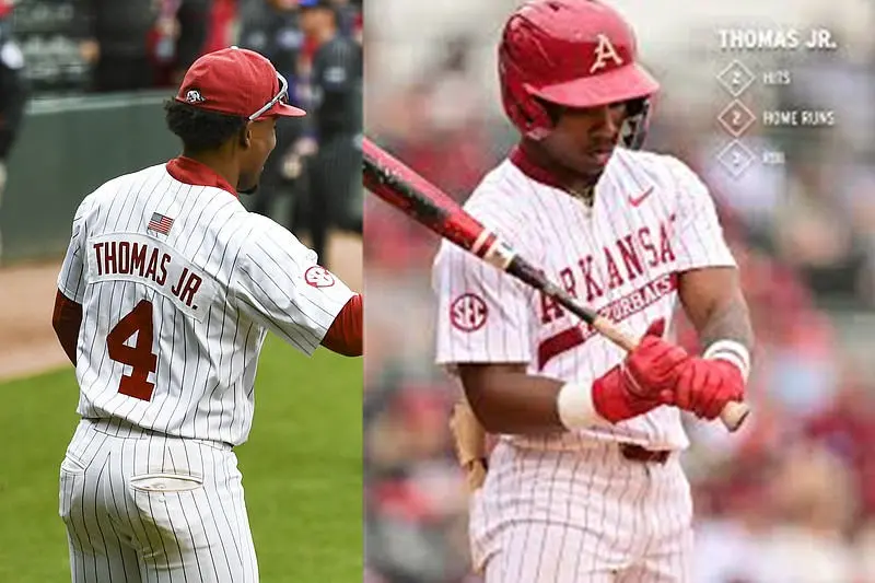 Arkansas Razorbacks #4 Justin Thomas Jr. 2025 White Pinstripe College Baseball World Series Game Jersey
