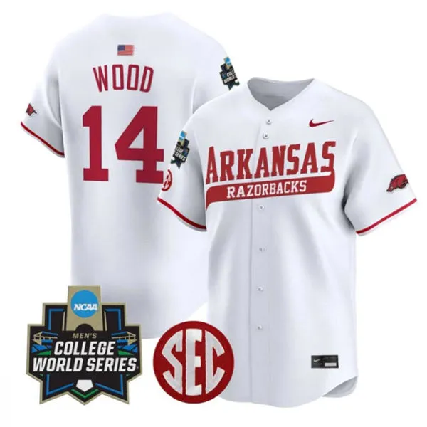Arkansas Razorbacks #14 Gage Wood 2025 White College Baseball World Series Game Jersey