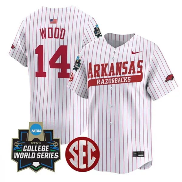Arkansas Razorbacks #14 Gage Wood 2025 White Pinstripe College Baseball World Series Game Jersey