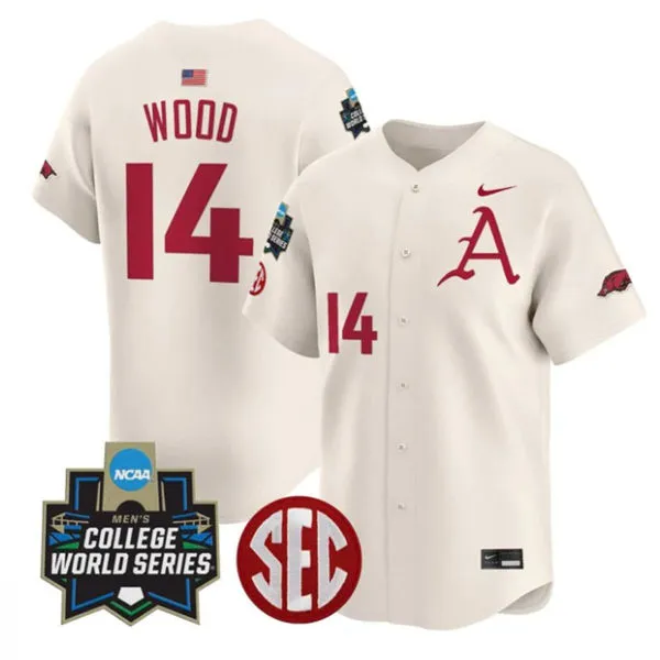 Arkansas Razorbacks #14 Gage Wood 2024 Cream Team Logo College Baseball World Series Game Jersey