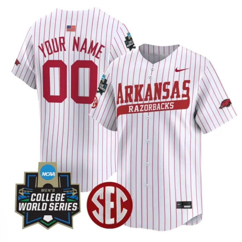 Arkansas Razorbacks Custom  2025 White Pinstripe College Baseball World Series Game Jersey