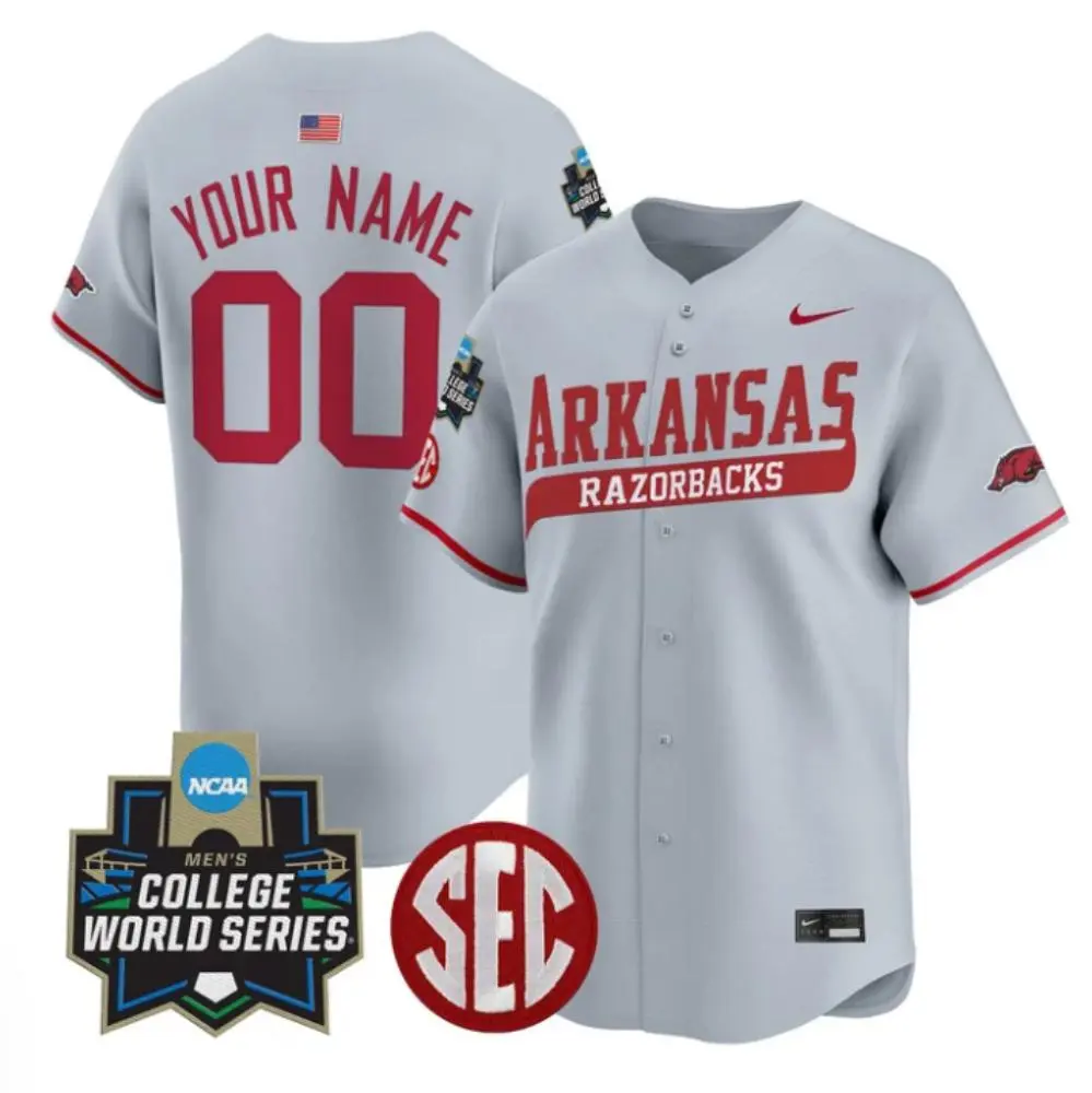 Arkansas Razorbacks Custom Gray 2025 College Baseball World Series  Game Jersey