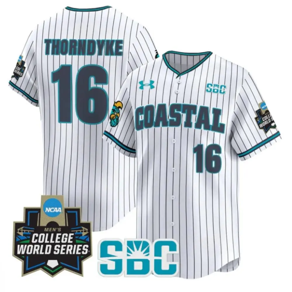 Coastal Carolina Chanticleers #16 Colby Thorndyke White Pinstripe 2025 College Baseball World Series Jersey
