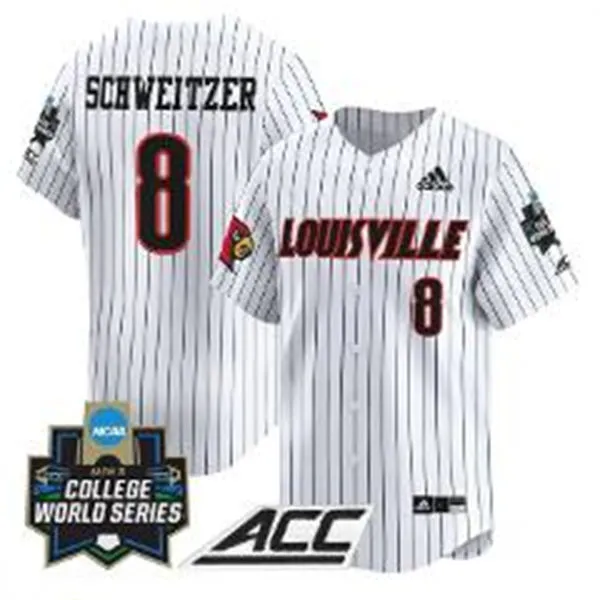 Louisville Cardinals #8 Jake Schweitzer White Pinstripe 2025 College Baseball World Series Jersey