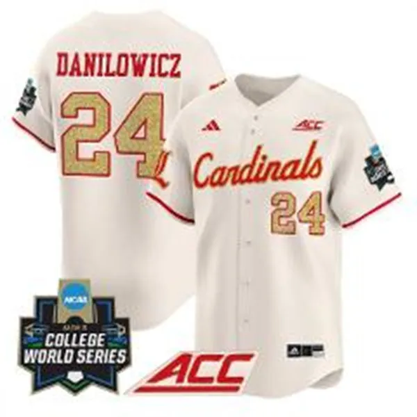 Louisville Cardinals #24 Wyatt Danilowicz  Cream 2025 College Baseball World Series Jersey