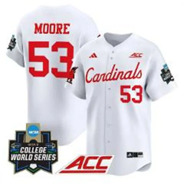 Louisville Cardinals #53 Lucas Moore  White  2025 College Baseball World Series Jersey