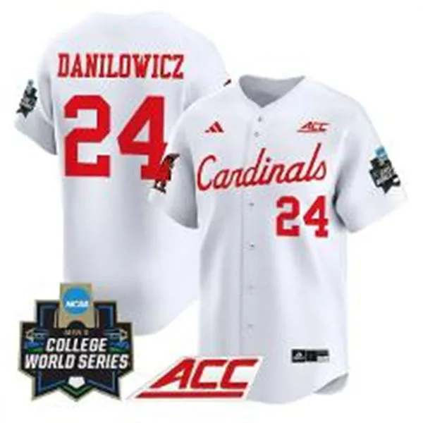 Louisville Cardinals #24 Wyatt Danilowicz  White  2025 College Baseball World Series Jersey