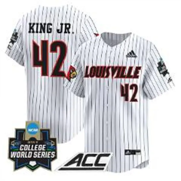 Louisville Cardinals #42 Eddie King Jr. White Pinstripe 2025 College Baseball World Series Jersey