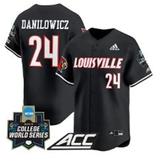 Louisville Cardinals #24 Wyatt Danilowicz Black 2025 College Baseball World Series Jersey